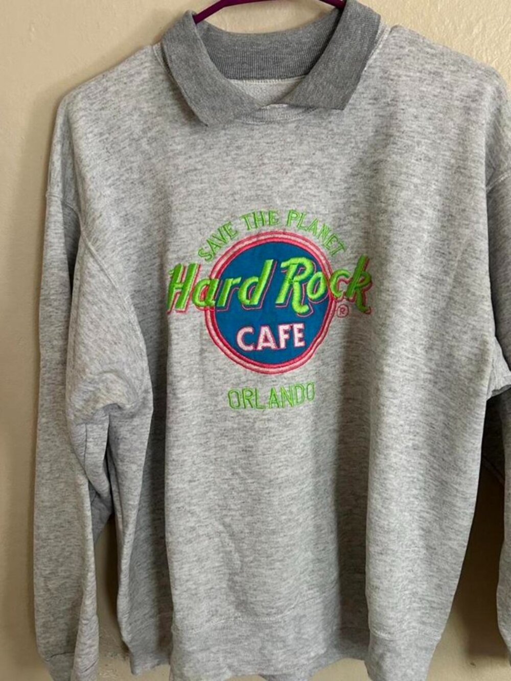 Gray Hard Rock Cafe Orlando sweatshirt with green and pink logo saying save the